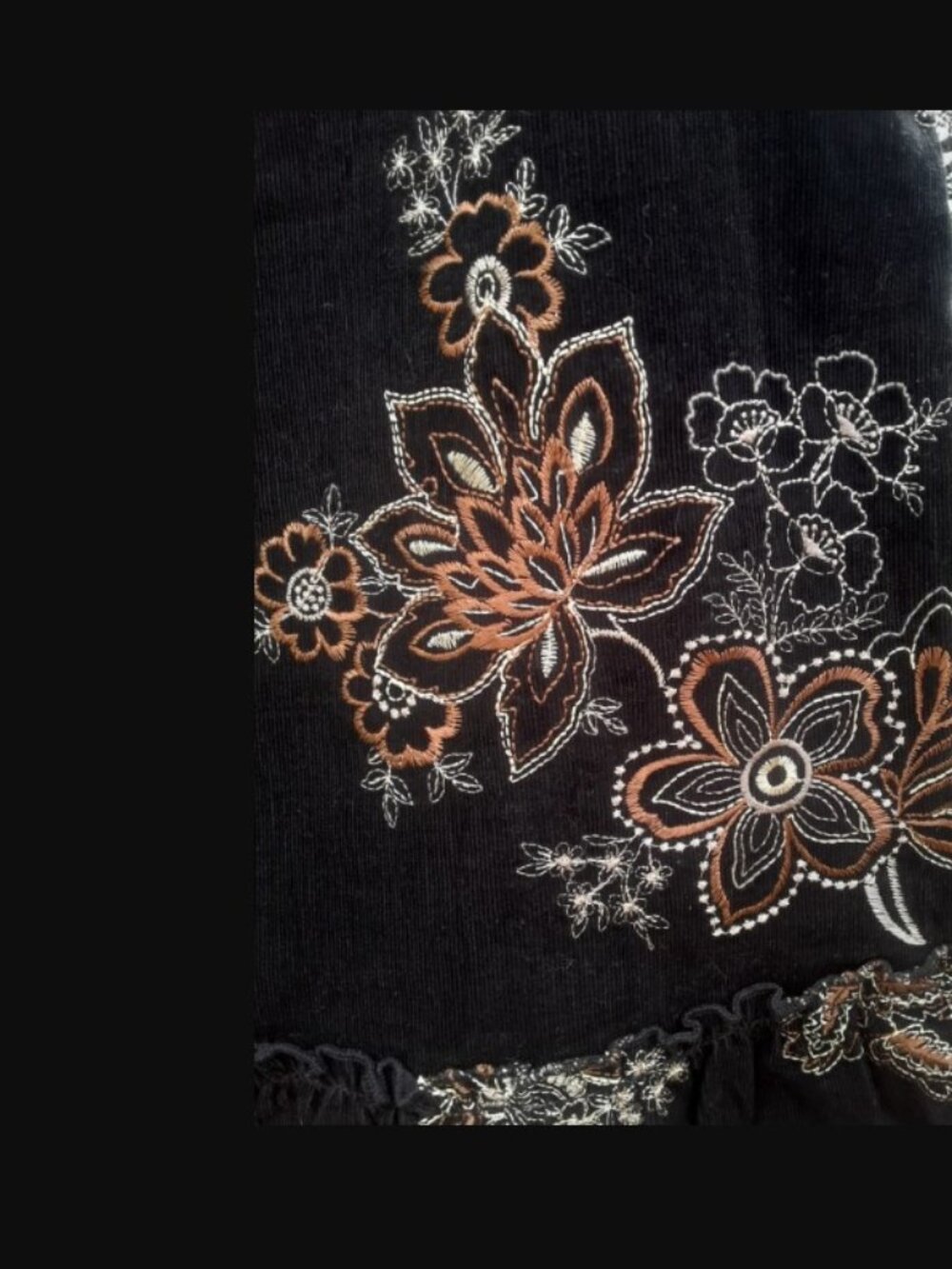 CORDUROY SKIRT BLACK Embroidered cotton floral SKIRT WOMEN SIZE M BRAND NEW